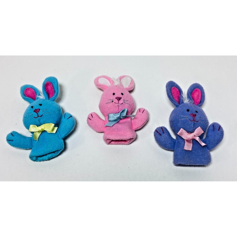 3 Bunny Rabbit‎ With Bows Plush Finger Puppets 3.5" Blue Pink Purple Unbranded